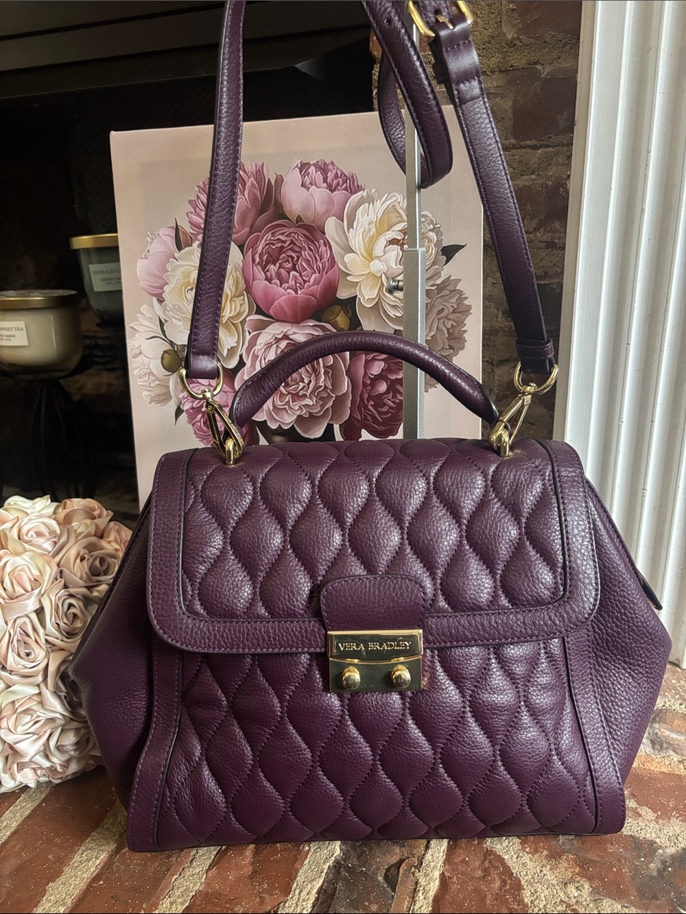 Vera Bradley Quilted Leather Satchel in Plum